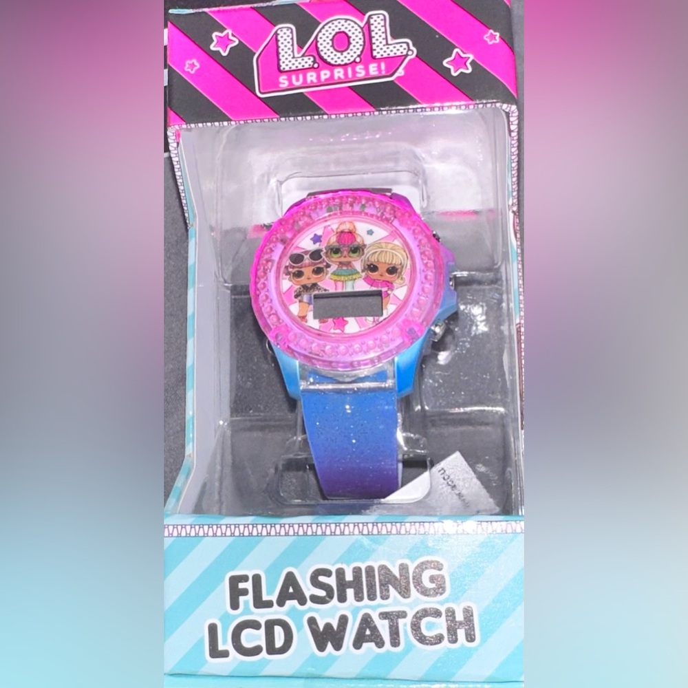 NIB Accutime Kids Lol Surprise Digital Rainbow Glitter Silicone Strap Watch 34mm